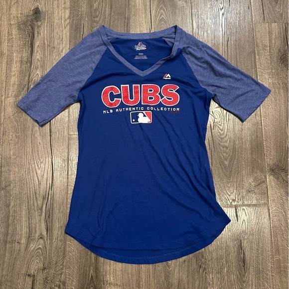 Chicago Cubs Shirt Women's Medium Blue Short Sleeve Tee Majestic MLB Ladies - Picture 2 of 8